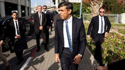 In an early statement, Rishi Sunak said a Gaza hospital blast on Tuesday that caused mass Palestinian casualties should be "a watershed moment for leaders in the region and across the world to come together to avoid further dangerous escalation of conflict", adding that Britain would be at "the forefront of this effort".&nbsp; (REUTERS)