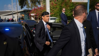 British Prime Minister Rishi Sunak arrives at Ben Gurion airport, near Tel Aviv, Israel, Thursday, Oct. 19, 2023. (AP) British Prime Minister Rishi Sunak arrives at Ben Gurion airport, near Tel Aviv, Israel, Thursday, Oct. 19, 2023. (AP)