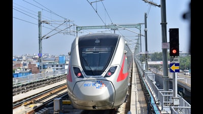 NCRTC officials said Modi, who laid the foundation stone for the project on March 8, 2019, will flag off the first train from the Sahibabad station on Friday. (Sakib Ali/HT Photo) NCRTC officials said Modi, who laid the foundation stone for the project on March 8, 2019, will flag off the first train from the Sahibabad station on Friday. (Sakib Ali/HT Photo)