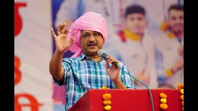 New Delhi- India- October 15, 2023: Delhi CM Arvind Kejriwal at the felicitation ceremony of Pawan Sehrawat (unseen), the kabaddi player who won a gold medal for India at the Asian Games, in New Delhi on Sunday October 15, 2023. (HT PHOTO) New Delhi- India- October 15, 2023: Delhi CM Arvind Kejriwal at the felicitation ceremony of Pawan Sehrawat (unseen), the kabaddi player who won a gold medal for India at the Asian Games, in New Delhi on Sunday October 15, 2023. (HT PHOTO)