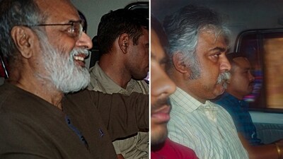NewsClick founder Prabir Purkayastha (L) and HR Head Amit Chakravarty being brought to the Lodhi Road Special Cell office, in New Delhi October 3. (PTI) NewsClick founder Prabir Purkayastha (L) and HR Head Amit Chakravarty being brought to the Lodhi Road Special Cell office, in New Delhi October 3. (PTI)