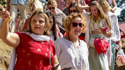 Devotees from Russia visit the Kamakhya temple during ongoing Navratri festival. (PTI)