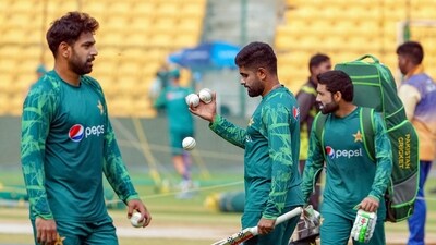 Pakistan's captain Babar Azam with teammates Muhammad Rizwan and Haris Rauf during a practice session ahead of the ICC Men's Cricket World Cup 2023 (PTI) Pakistan's captain Babar Azam with teammates Muhammad Rizwan and Haris Rauf during a practice session ahead of the ICC Men's Cricket World Cup 2023 (PTI)