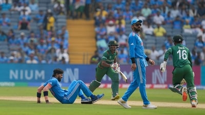 India's Hardik Pandya sits on the field after he got injured during the ICC Men's Cricket World Cup 2023 match (PTI) India's Hardik Pandya sits on the field after he got injured during the ICC Men's Cricket World Cup 2023 match (PTI)