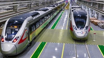 Trains of the Delhi-Meerut Regional Rapid Transit System (RRTS) ahead of the inauguration of a priority section of RRTS between Duhai and Sahibabad. (PTI) Trains of the Delhi-Meerut Regional Rapid Transit System (RRTS) ahead of the inauguration of a priority section of RRTS between Duhai and Sahibabad. (PTI)