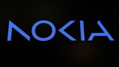 A screen displays the company logo for Nokia Corporation (REUTERS)