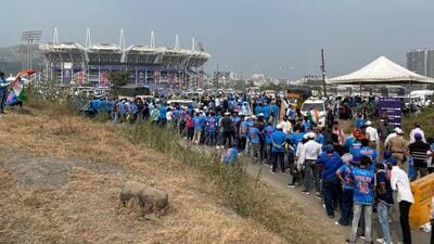 fans seen standing in queue outside the Maharashtra Cricket Association (MCA) Stadium, Gahunje, on Thursday. (HT PHOTO) fans seen standing in queue outside the Maharashtra Cricket Association (MCA) Stadium, Gahunje, on Thursday. (HT PHOTO)