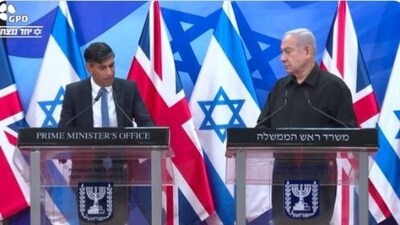 UK Prime Minister Rishi Sunak and Israeli Prime Minister Benjamin Netanyahu addressing a joint press meet on Thursday.