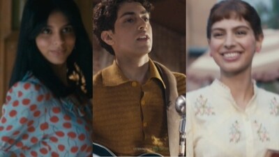 Suhana Khan, Agastya Nanda and Khushi Kapoor in stills from The Archies song Sunoh. Suhana Khan, Agastya Nanda and Khushi Kapoor in stills from The Archies song Sunoh.