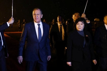Russian Foreign Minister Sergei Lavrov takes part in a welcoming ceremony upon his arrival in Pyongyang, North Korea on October 18. (Reuters)