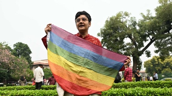 An activist holds a rainbow flag, a symbol of LGBT pride and LGBT social movements, in the courtyard of India's Supreme Court in New Delhi. (AFP)