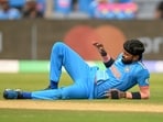 Hardik Pandya looks in serious discomfort after injuring his left ankle. Hardik Pandya looks in serious discomfort after injuring his left ankle.