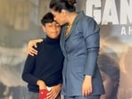 Kajol with son Yug at Ganapath screening in Mumbai. (Viral Bhayani) Kajol with son Yug at Ganapath screening in Mumbai. (Viral Bhayani)