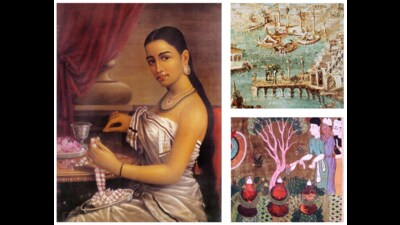 (Clockwise) Lady Making A Garland by Raja Ravi Varma, 1895. A Roman fresco of a port city from the 1st century CE. A double-pot distillery used to extract essential oils from flowers, as depicted in the late-15th-century book of recipes Ni’matnama, by the Sultan of Mandu. (Wikimedia Commons; Sahapedia) (Clockwise) Lady Making A Garland by Raja Ravi Varma, 1895. A Roman fresco of a port city from the 1st century CE. A double-pot distillery used to extract essential oils from flowers, as depicted in the late-15th-century book of recipes Ni’matnama, by the Sultan of Mandu. (Wikimedia Commons; Sahapedia)