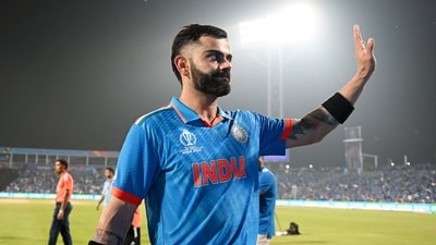 India's Virat Kohli waves to the fans after hitting the winning runs during their match against Bangladesh in the ICC Men's Cricket World Cup 2023, at Maharashtra Cricket Association Stadium, in Pune on Thursday. (ICC Twitter) India's Virat Kohli waves to the fans after hitting the winning runs during their match against Bangladesh in the ICC Men's Cricket World Cup 2023, at Maharashtra Cricket Association Stadium, in Pune on Thursday. (ICC Twitter)