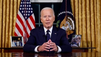 President Joe Biden speaks from the Oval Office of the White House Thursday, Oct. 19, 2023, in Washington, about the war in Israel and Ukraine. (Jonathan Ernst/Pool via AP) (AP) President Joe Biden speaks from the Oval Office of the White House Thursday, Oct. 19, 2023, in Washington, about the war in Israel and Ukraine. (Jonathan Ernst/Pool via AP) (AP)