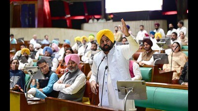 Chief minister Bhagwant Mann speaking at House during the special session of Punjab Vidhan Sabha in Chandigarh on Friday. (Ravi Kumar/HT) Chief minister Bhagwant Mann speaking at House during the special session of Punjab Vidhan Sabha in Chandigarh on Friday. (Ravi Kumar/HT)