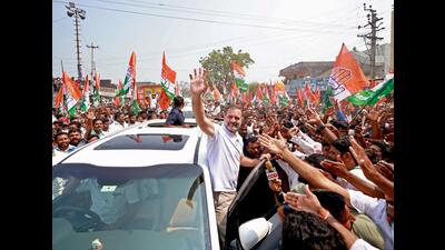 Congress leader Rahul Gandhi waves to the crowd on his arrival in Jagtial, Telangana, to address a public rally on Friday. (ANI) Congress leader Rahul Gandhi waves to the crowd on his arrival in Jagtial, Telangana, to address a public rally on Friday. (ANI)