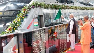 Ghaziabad, India - October 20 2023: Prime Minister Narendra Modi flags off the 'Namo Bharat' train between Sahibabad to Duhai Depot on the 17-km priority section of the country's first Regional Rapid Transit System (RRTS) corridor, at Sahibabad RapidX Station in Ghaziabad, India on Friday, October 20 2023. (HT Photo) Ghaziabad, India - October 20 2023: Prime Minister Narendra Modi flags off the 'Namo Bharat' train between Sahibabad to Duhai Depot on the 17-km priority section of the country's first Regional Rapid Transit System (RRTS) corridor, at Sahibabad RapidX Station in Ghaziabad, India on Friday, October 20 2023. (HT Photo)