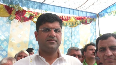 Haryana deputy CM Dushyant Chautala in Bharatpur on Friday.