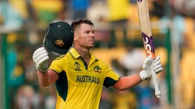 Australia's David Warner celebrates his century during the ICC Men's Cricket World Cup match between Australia and Pakistan in Bengaluru (AP) Australia's David Warner celebrates his century during the ICC Men's Cricket World Cup match between Australia and Pakistan in Bengaluru (AP)
