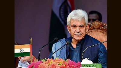 J&K lieutenant governor Manoj Sinha addressing a press conference at Raj Bhawan in Srinagar on Friday. (Waseem Andrabi/HT)