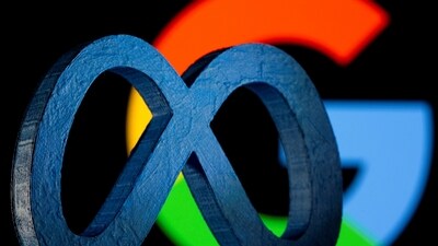 A 3D printed logo of Meta is seen in front of a logo of Google in this illustration. (REUTERS)