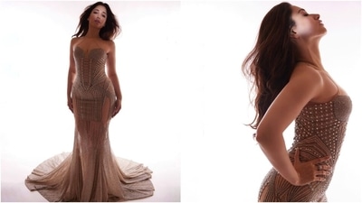 Coming to the design details, Tamannaah's Falguni Shane Peacock sleeveless gown features a halter neckline, sheer panelling all over the dress, a corseted bodice, a mermaid silhouette, bodycon fitting highlighting her enviable curves, sequinned embroidery, and intricate embroidery. (Instagram) Coming to the design details, Tamannaah's Falguni Shane Peacock sleeveless gown features a halter neckline, sheer panelling all over the dress, a corseted bodice, a mermaid silhouette, bodycon fitting highlighting her enviable curves, sequinned embroidery, and intricate embroidery. (Instagram)