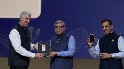 Union IT minister Ashwini Vaishnaw (centre) with Sanjay Gupta (right), the vice president and country head of Google India and Rick Osterloh (left), senior vice president, devices and services, Google, in New Delhi on Thursday. (PTI Photo) Union IT minister Ashwini Vaishnaw (centre) with Sanjay Gupta (right), the vice president and country head of Google India and Rick Osterloh (left), senior vice president, devices and services, Google, in New Delhi on Thursday. (PTI Photo)
