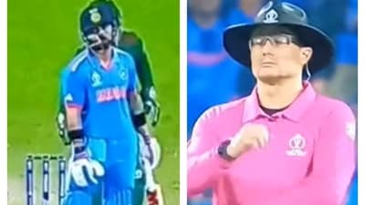 Virat Kohli looks on as umpire Kettleborough does not give a wide