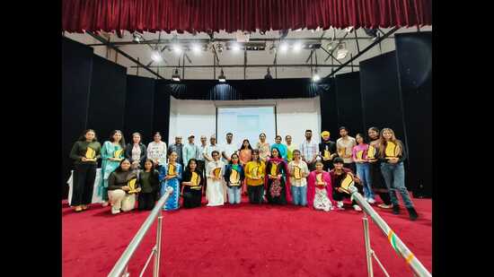 Government College of Education students with their awards won in PU’s Zonal Youth & Heritage Festival-2023. (HT PHOTO)