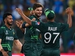 Pakistan's Shaheen Shah Afridi celebrates with teammates after taking the wicket of Australia's Josh Hazlewood Pakistan's Shaheen Shah Afridi celebrates with teammates after taking the wicket of Australia's Josh Hazlewood