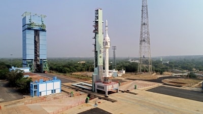 The vehicle is 34.9 metres tall and has a lift-off weight of 44 tonnes. (ISRO Twitter) The vehicle is 34.9 metres tall and has a lift-off weight of 44 tonnes. (ISRO Twitter)