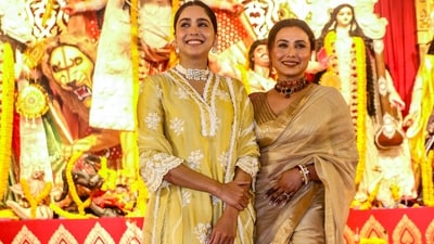 'Bunty Aur Babli 2' co-stars Sharvari Wagh and Rani Mukerji pose for a picture at the North Bombay Sarbojanin Durga Puja, marking the Maha Saptami of the Durga Puja festival, in Mumbai on Saturday.&nbsp; (Sunil Khandare/ANI Photo)