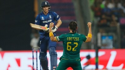 Gerald Coetzee celebrates after taking the lbw wicket of Harry Brook (REUTERS)