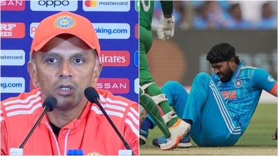 Rahul Dravid (L) speaks about Hardik Pandya's absence from the game against New Zealand (ICC/PTI) Rahul Dravid (L) speaks about Hardik Pandya's absence from the game against New Zealand (ICC/PTI)