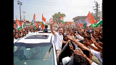 Congress leader Rahul Gandhi waves to the crowd in Jagtial on Friday. (ANI) Congress leader Rahul Gandhi waves to the crowd in Jagtial on Friday. (ANI)
