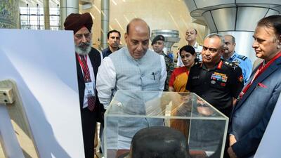 Defence Minister Rajnath Singh during the Indian Military Heritage Festival in Delhi on Saturday. (ANI) Defence Minister Rajnath Singh during the Indian Military Heritage Festival in Delhi on Saturday. (ANI)