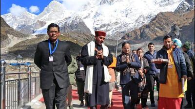 PK Mishra, principal secretary to Prime Minister at Kedarnath Dham in Rudraprayag on Saturday. (ANI)