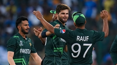 Pakistan's Shaheen Shah Afridi celebrates with teammates after taking the wicket of Australia's Josh Hazlewood (PTI) Pakistan's Shaheen Shah Afridi celebrates with teammates after taking the wicket of Australia's Josh Hazlewood (PTI)
