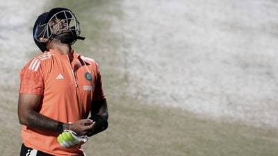 Suryakumar Yadav comes out of the nets after getting injured during a practice session ahead of the World Cup 2023 match between India and New Zealand (PTI) Suryakumar Yadav comes out of the nets after getting injured during a practice session ahead of the World Cup 2023 match between India and New Zealand (PTI)