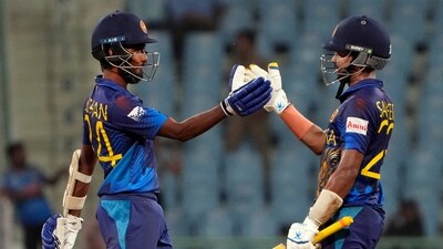 Sadeera Samarawickrama and Dushan Hemantha celebrate their victory over Netherlands during the ICC Men's Cricket World Cup (PTI) Sadeera Samarawickrama and Dushan Hemantha celebrate their victory over Netherlands during the ICC Men's Cricket World Cup (PTI)