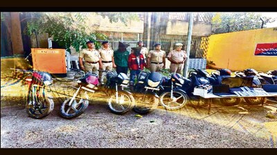 Police with the accused in Sarangpur on Friday. (HT File)