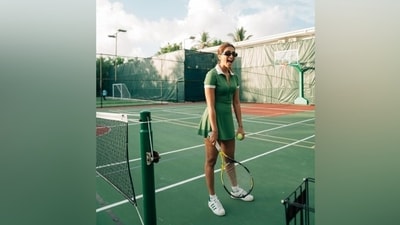 Pooja Hegde shared pictures from her tennis game on Instagram with the caption, "This one's for Federer [tennis and heart emoji]," with the hashtags #tennis and #epicday. The post shows the actor playing tennis with her coach.&nbsp; (Instagram)