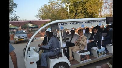 The President of France, Emmanuel Macron, and his wife Brigitte Macron take a ride to the Taj Mahal in a golf cart during their India visit in 2018. (File) The President of France, Emmanuel Macron, and his wife Brigitte Macron take a ride to the Taj Mahal in a golf cart during their India visit in 2018. (File)