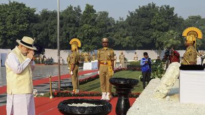 Union home minister Amit Shah pays tribute at the National Police Memorial on Police Commemoration Day, in New Delhi (PTI) Union home minister Amit Shah pays tribute at the National Police Memorial on Police Commemoration Day, in New Delhi (PTI)