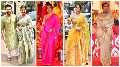 Vatsal Sheth, Ishita Dutta, Kajol, Tanishaa Mukerji, Rani Mukerji at a Durga Puja pandal on Saturday. Vatsal Sheth, Ishita Dutta, Kajol, Tanishaa Mukerji, Rani Mukerji at a Durga Puja pandal on Saturday.