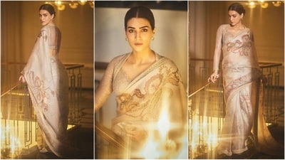 Nothing can match the grace and elegance of a saree. And when it comes to the festive season, donning a saree is a must. Day 7 of Navratri calls for a look from the fashion diva. Kriti Sanon's stunning look in a beautiful grey saree paired with a statement blouse is just the right outfit. Her chiffon saree is embellished with intricate embroidery work and the full-sleeved netted blouse oozes oomph. With kohl-rimmed eyes, rouged cheeks, nude lipstick, a centre-parting, neat bun and a pair of hoop earrings, Kriti looked like an elegant glam doll. (Instagram/@sukritigrover)