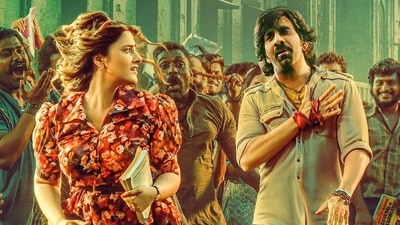 Nupur Sanon and Ravi Teja in a still from Tiger Nageswara Rao. Nupur Sanon and Ravi Teja in a still from Tiger Nageswara Rao.