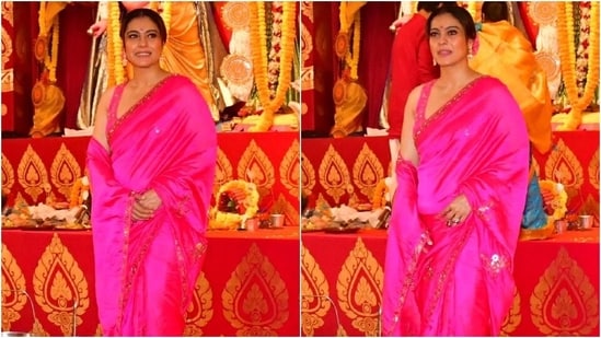 Kajol, with Yug, visits Durga Puja pandal to celebrate Saptami. (HT Photo/Varinder Chawla)